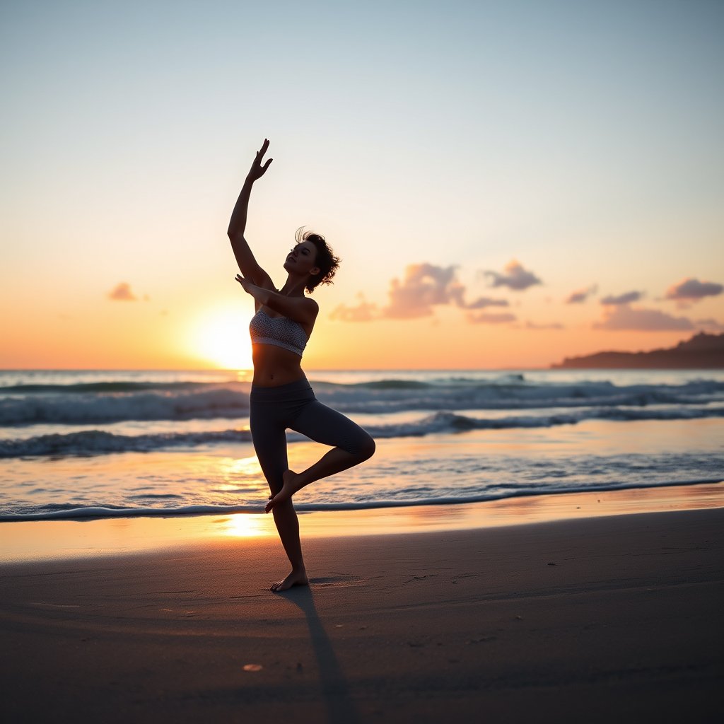 a person doing yoga on a beach at sunrise, ultra realistic, crisp details, studio quality