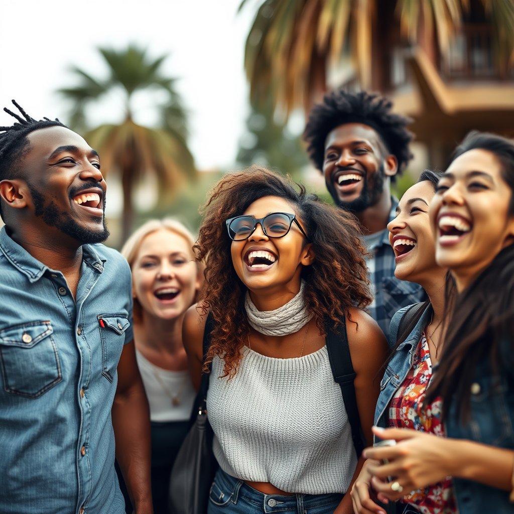 a group of diverse friends laughing together outdoors, ultra realistic, crisp details, studio quality