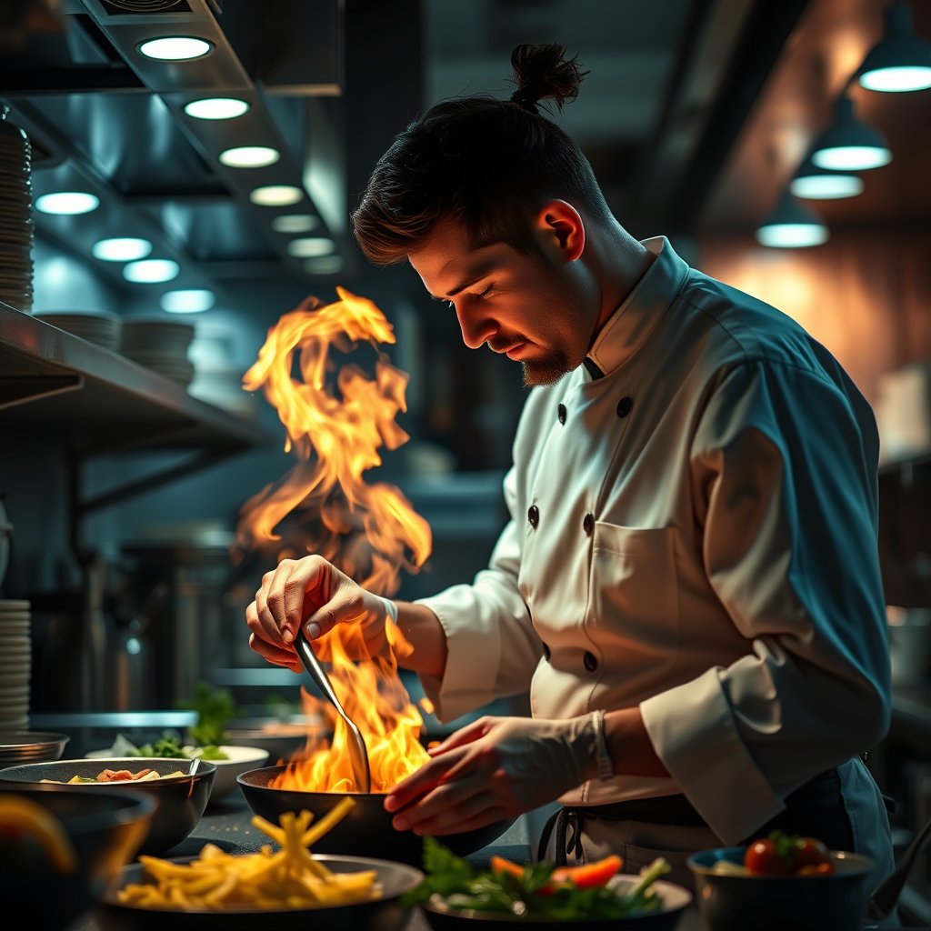 a chef preparing food in a professional kitchen, cinematic lighting, vibrant colors, dramatic atmosphere