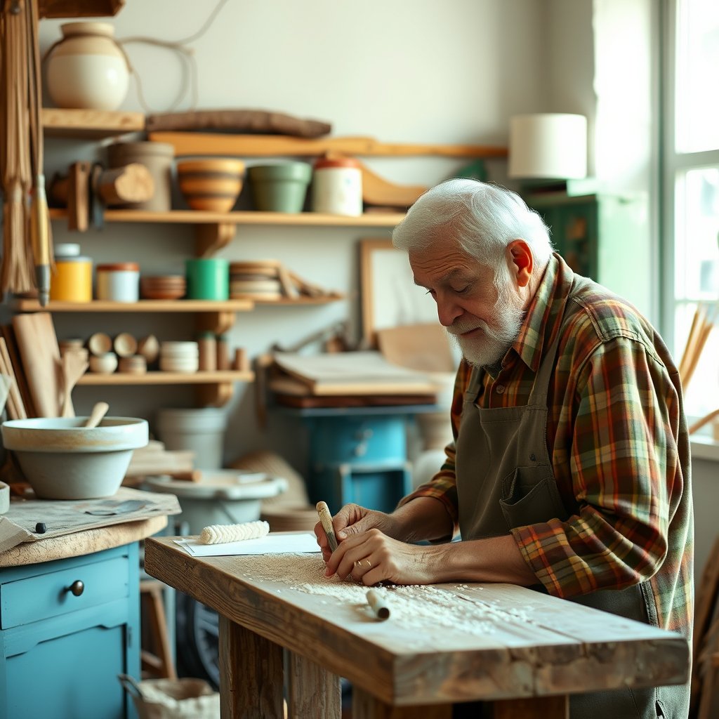 an elderly craftsman working in his workshop, bright and airy, pastel tones, dreamy aesthetic