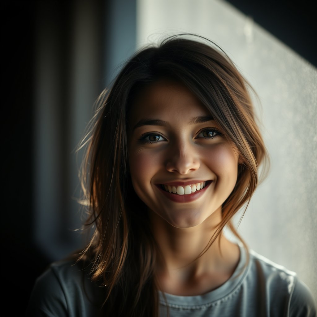 a candid portrait of a smiling young woman in natural light, moody lighting, high contrast, fine art photography