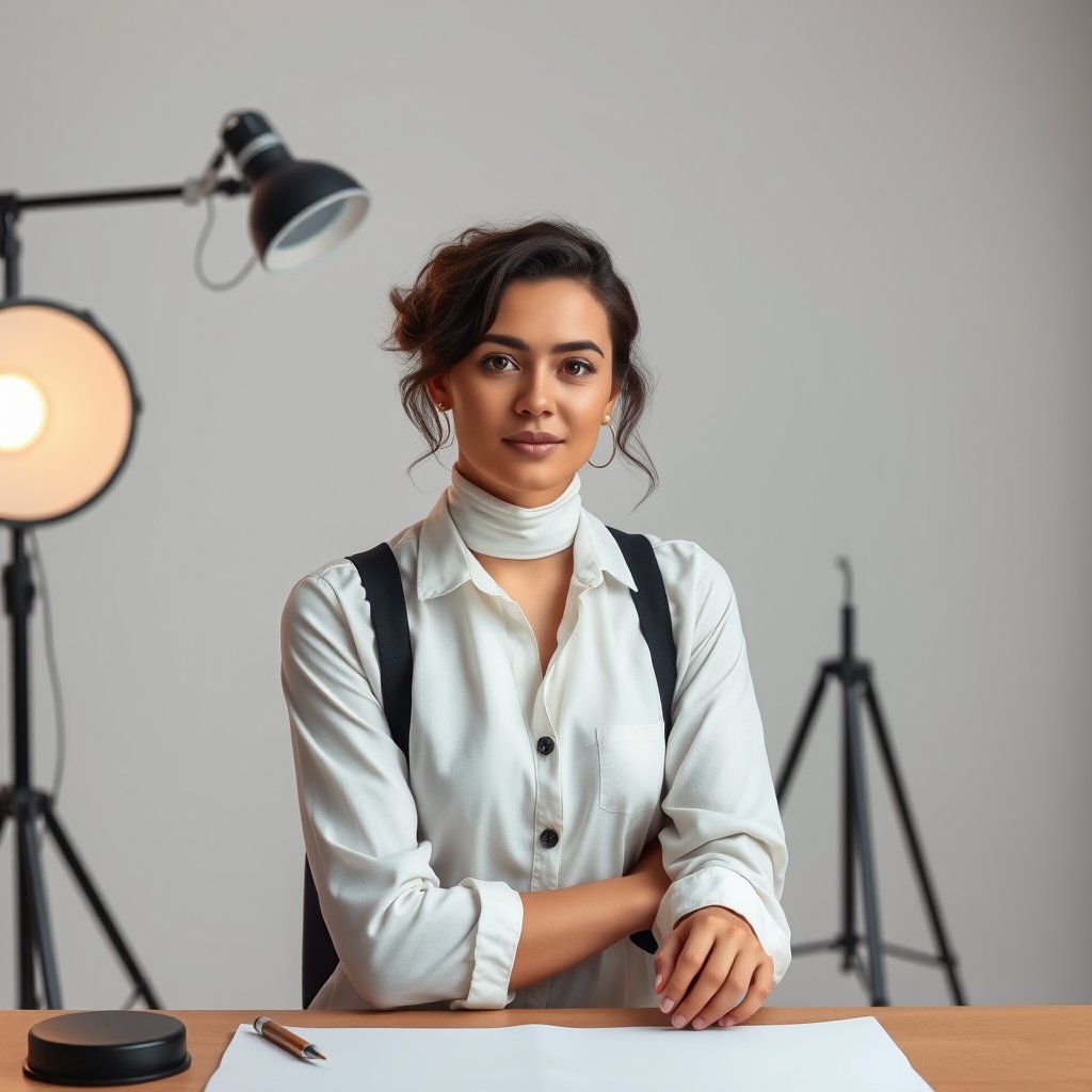 a professional portrait of a creative artist in a studio, minimalist composition, clean background, elegant