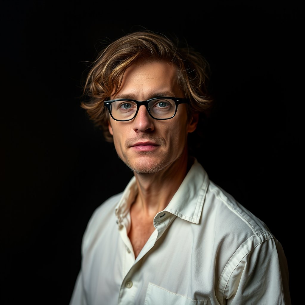a professional portrait of a creative artist in a studio, moody lighting, high contrast, fine art photography