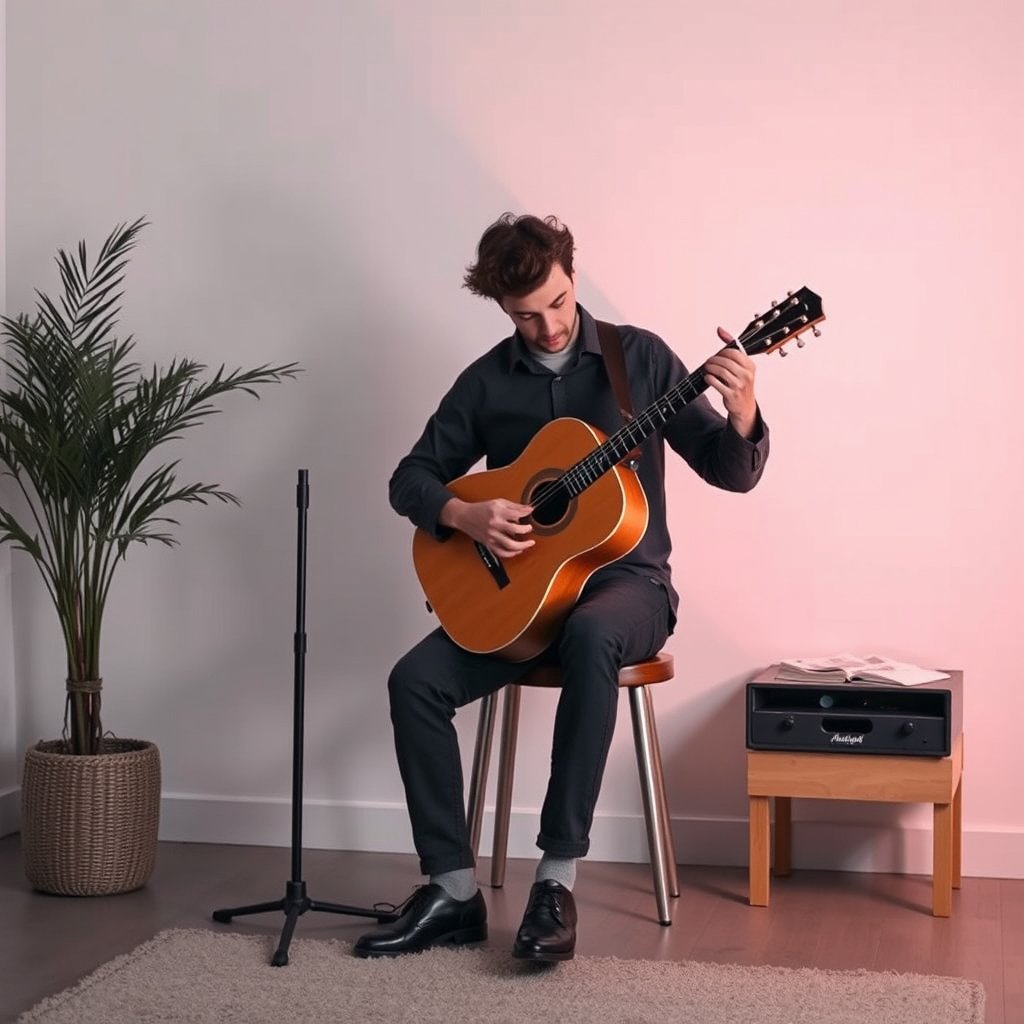 a musician playing guitar in a cozy room, minimalist composition, clean background, elegant