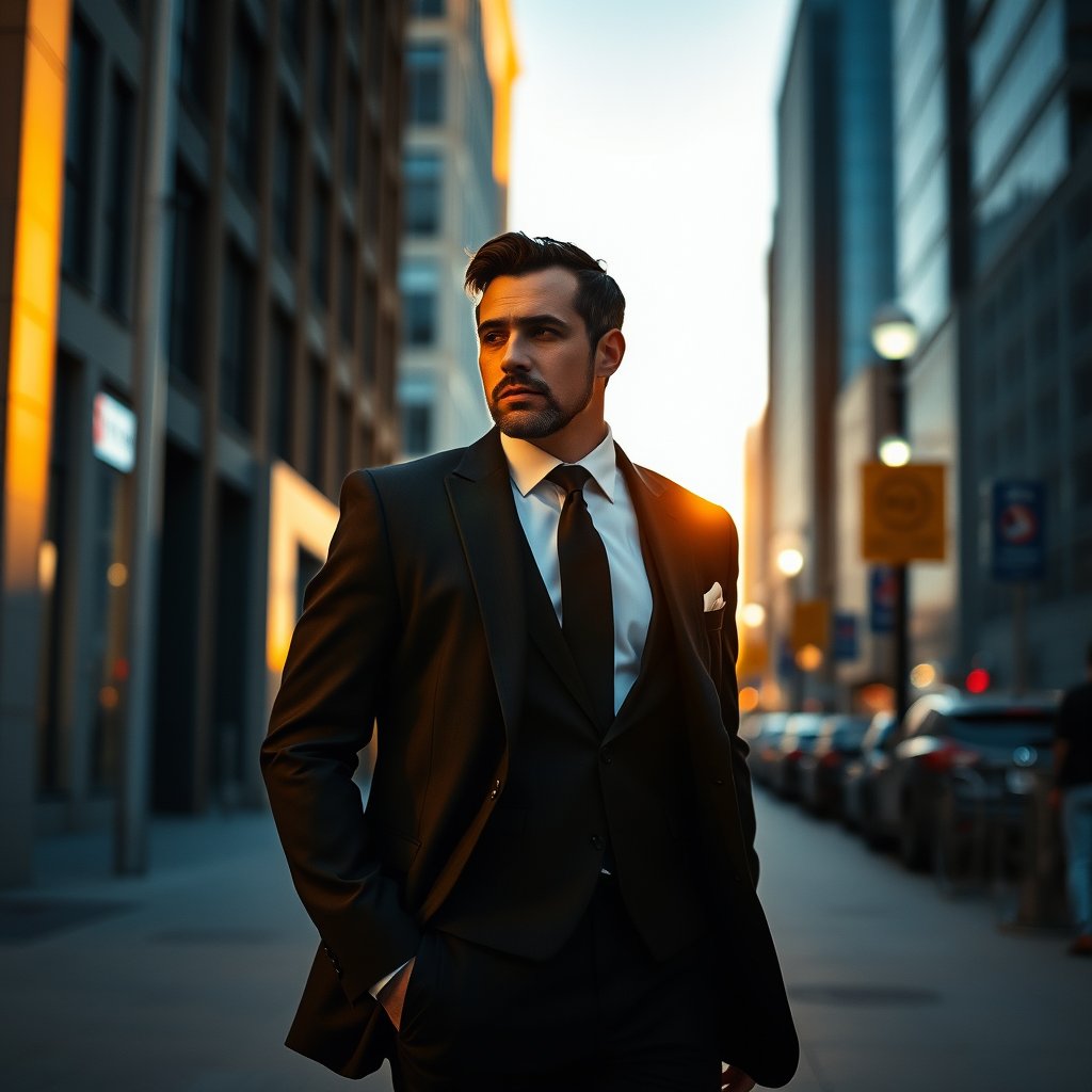 a stylish man in a suit walking in the city, golden hour lighting, warm tones, atmospheric