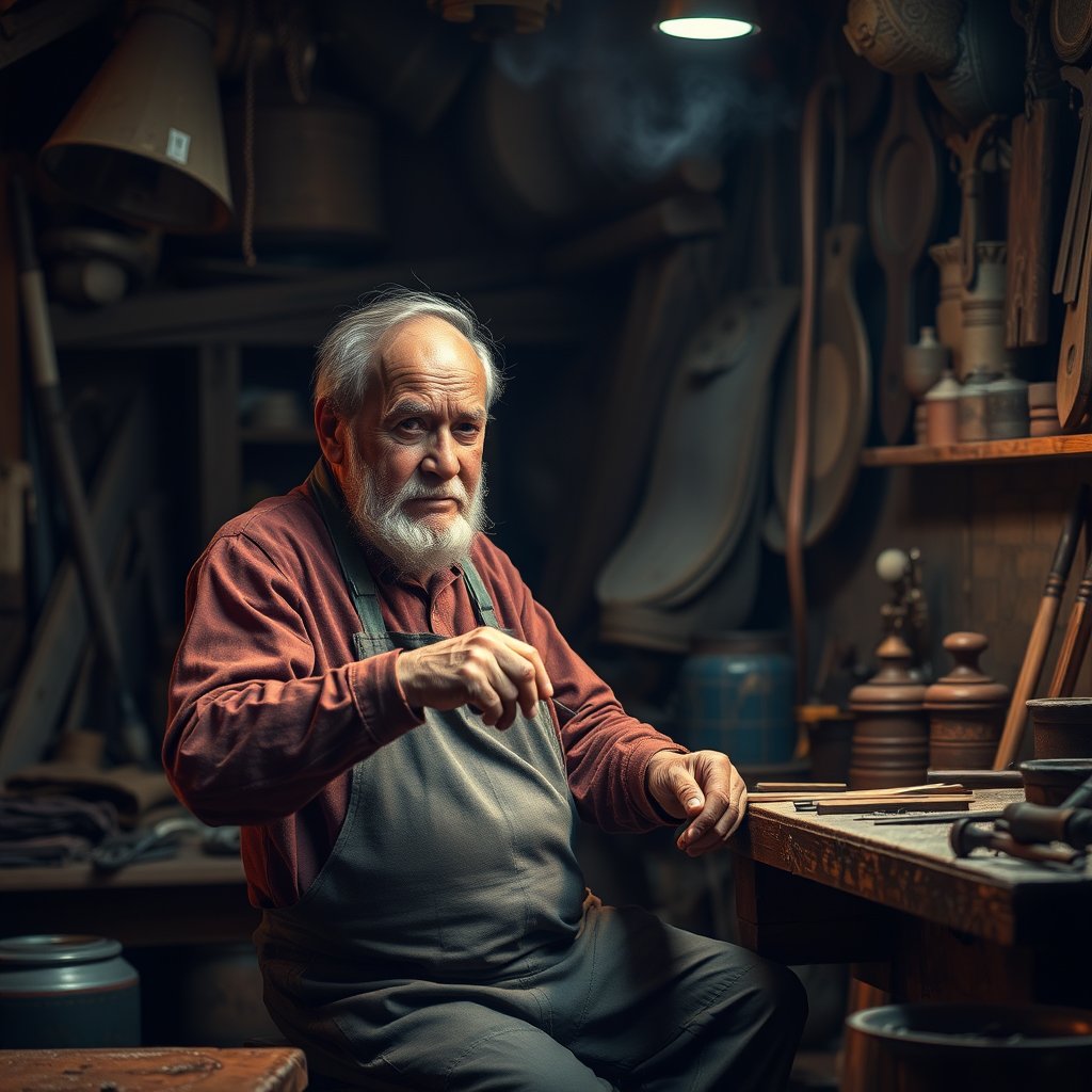 an elderly craftsman working in his workshop, cinematic lighting, vibrant colors, dramatic atmosphere