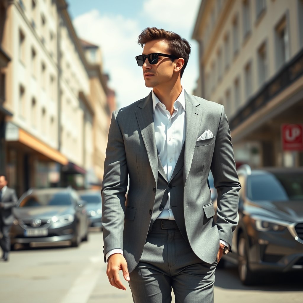 a stylish man in a suit walking in the city, bright and airy, pastel tones, dreamy aesthetic