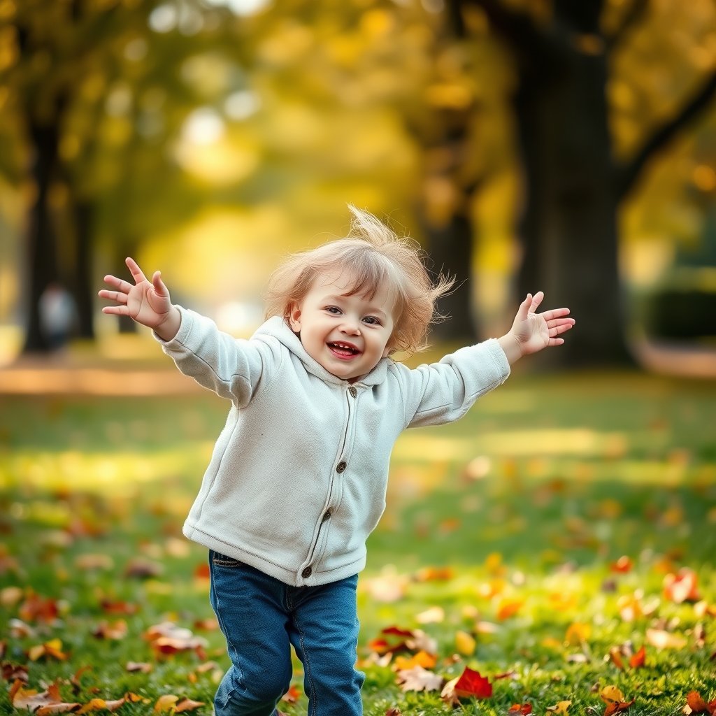 a child playing joyfully in an autumn park, soft natural light, shallow depth of field, bokeh