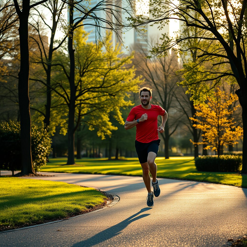 a runner jogging through a city park in the morning, highly detailed, 8k, professional photography, sharp focus