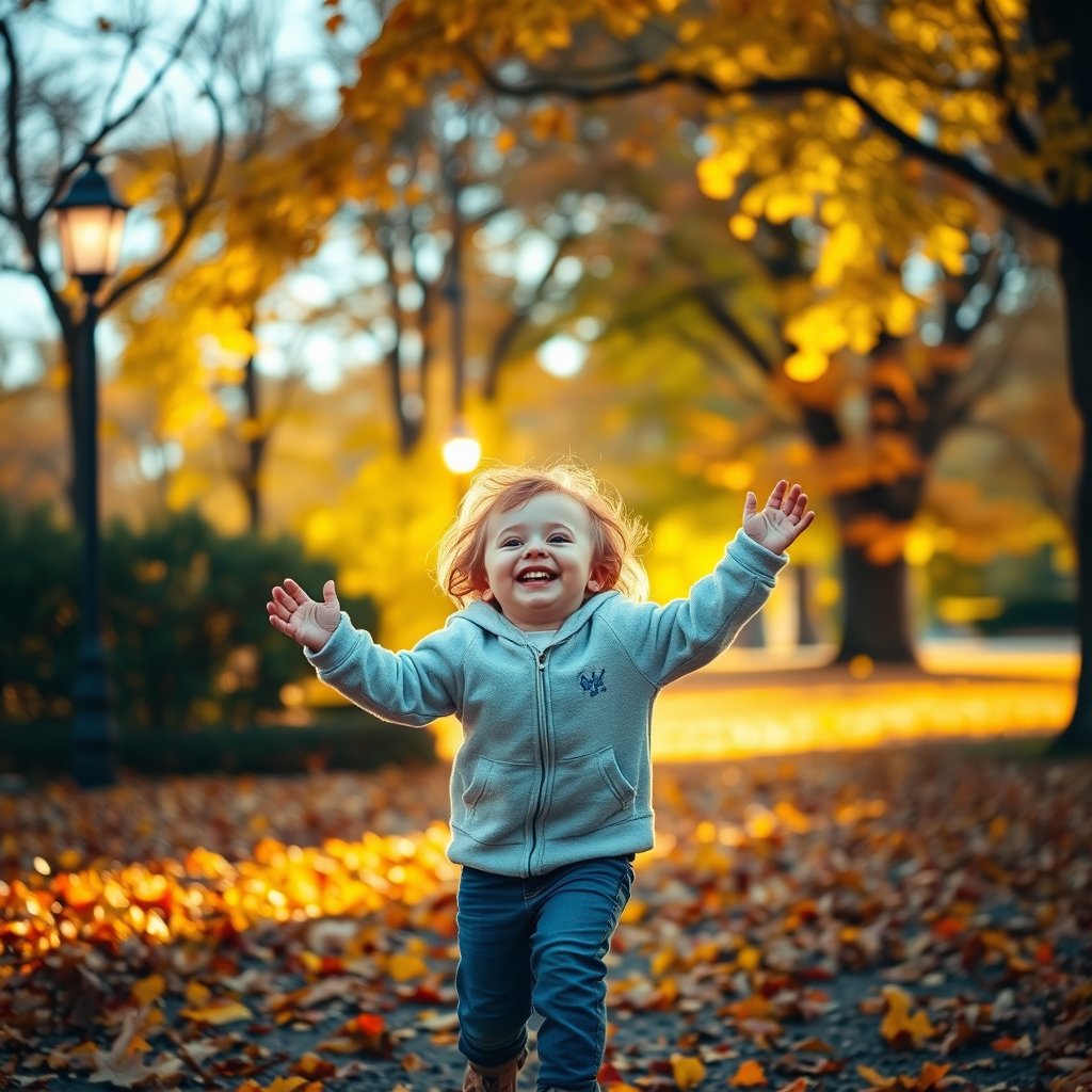 a child playing joyfully in an autumn park, cinematic lighting, vibrant colors, dramatic atmosphere