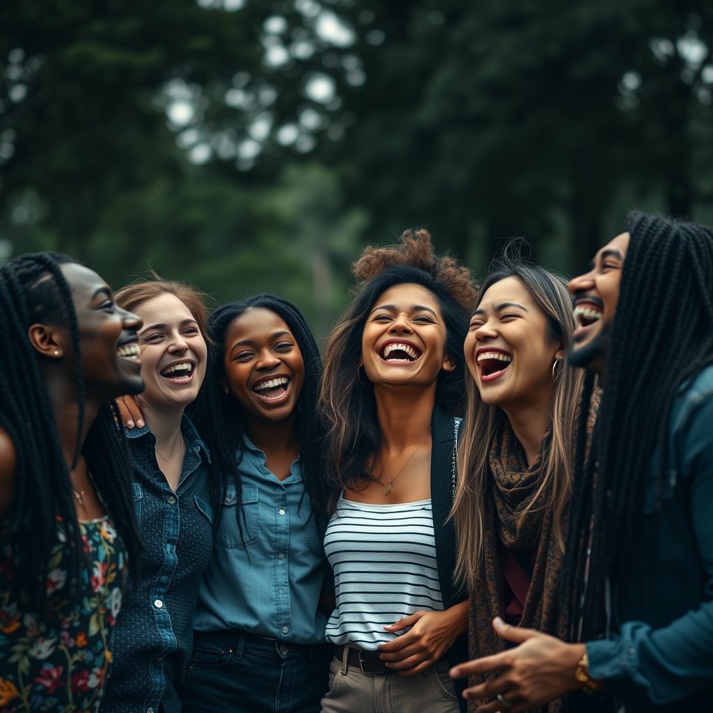 a group of diverse friends laughing together outdoors, moody lighting, high contrast, fine art photography