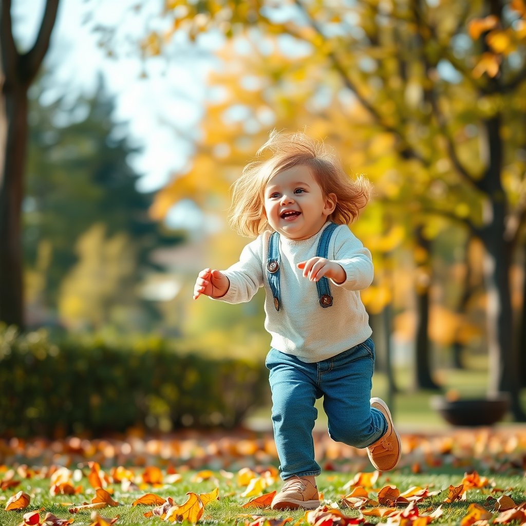 a child playing joyfully in an autumn park, bright and airy, pastel tones, dreamy aesthetic
