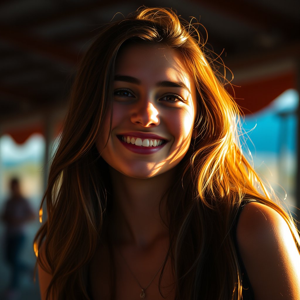 a candid portrait of a smiling young woman in natural light, cinematic lighting, vibrant colors, dramatic atmosphere