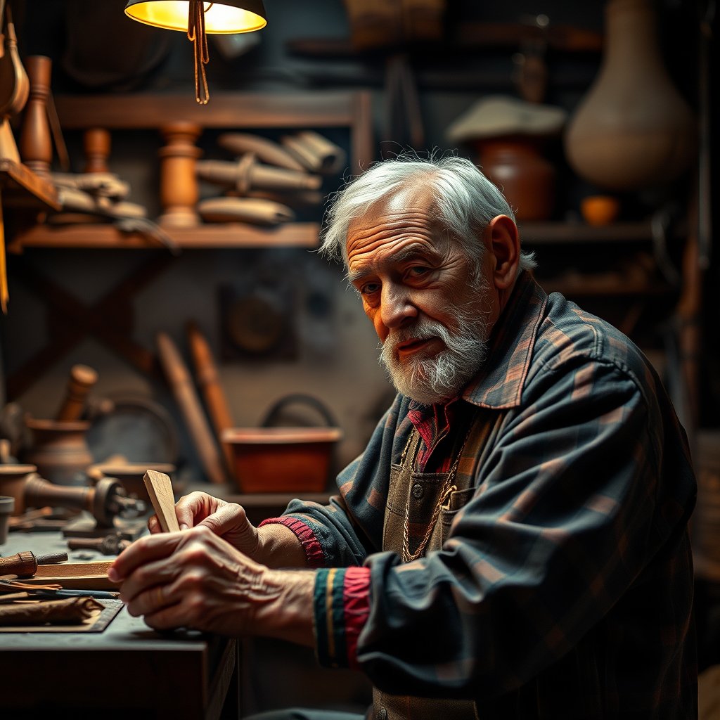 an elderly craftsman working in his workshop, cinematic lighting, vibrant colors, dramatic atmosphere