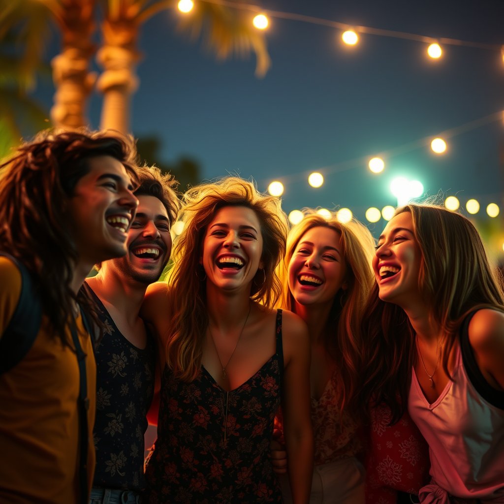a group of diverse friends laughing together outdoors, cinematic lighting, vibrant colors, dramatic atmosphere