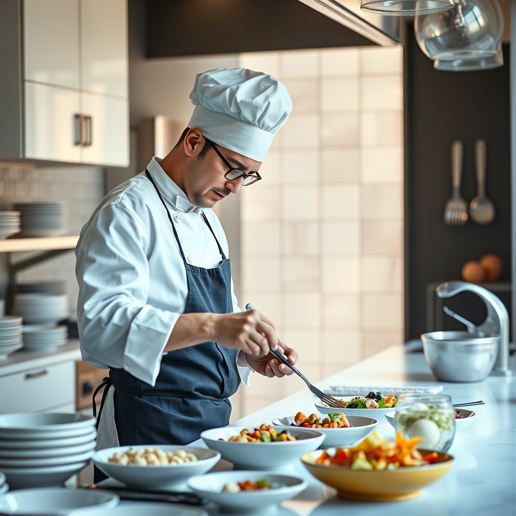 a chef preparing food in a professional kitchen, bright and airy, pastel tones, dreamy aesthetic