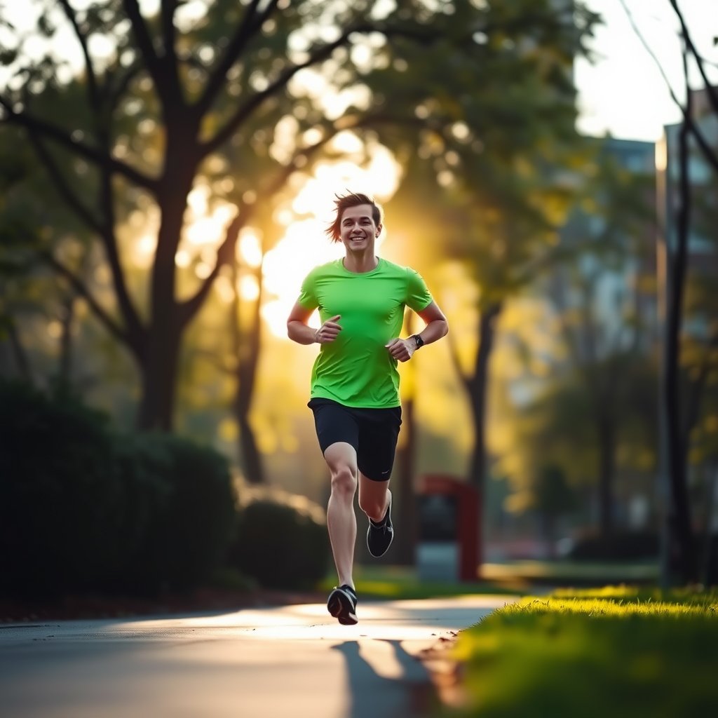 a runner jogging through a city park in the morning, soft natural light, shallow depth of field, bokeh