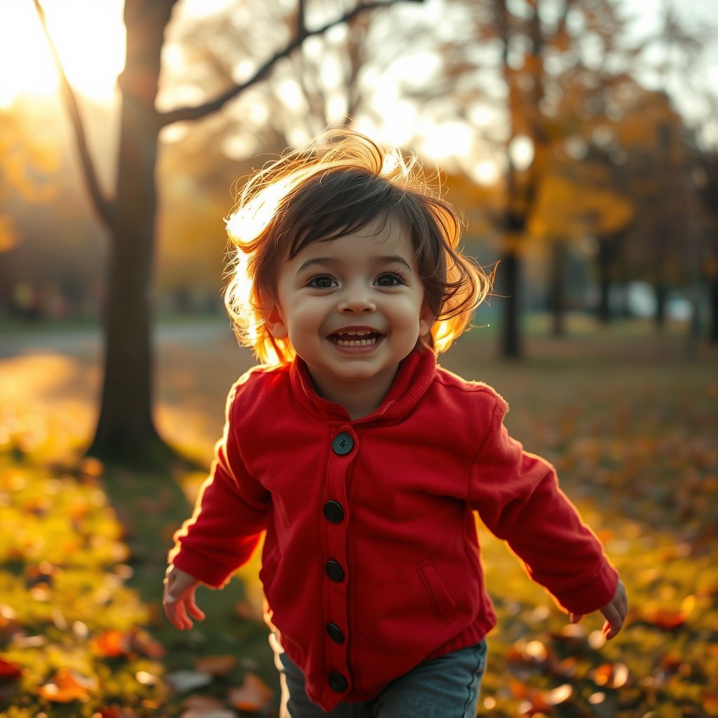 a child playing joyfully in an autumn park, golden hour lighting, warm tones, atmospheric