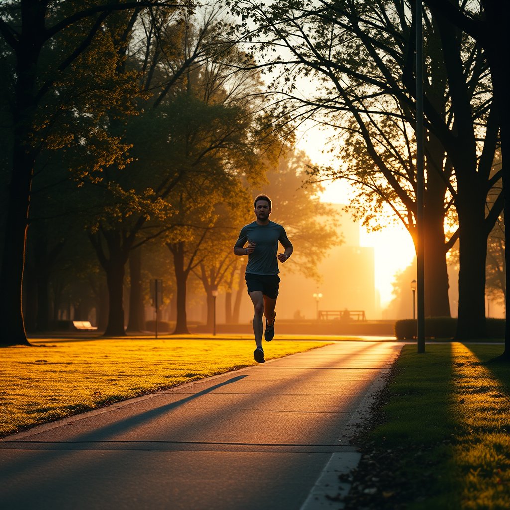 a runner jogging through a city park in the morning, golden hour lighting, warm tones, atmospheric