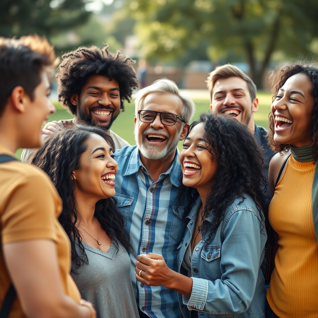 a group of diverse friends laughing together outdoors, highly detailed, 8k, professional photography, sharp focus