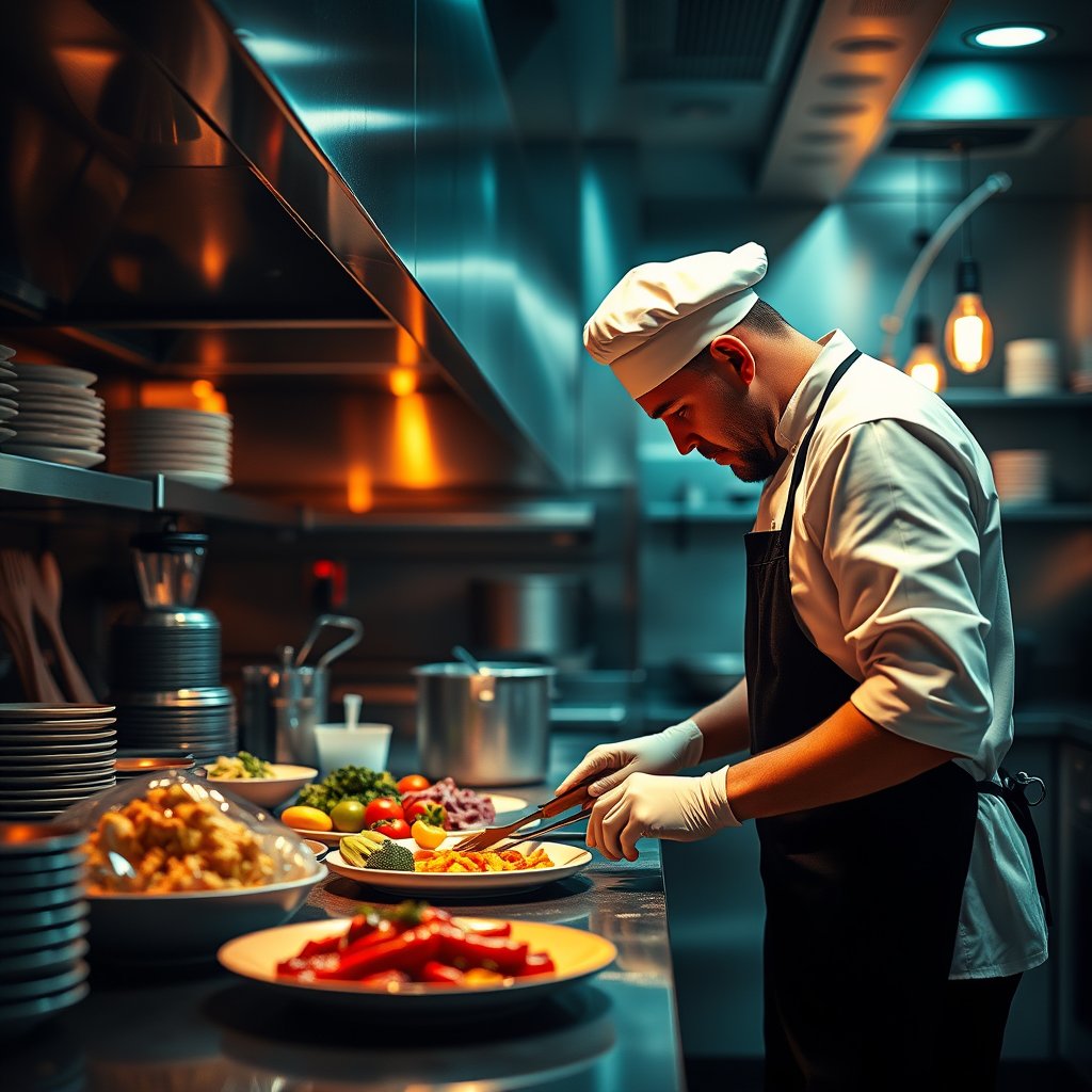 a chef preparing food in a professional kitchen, cinematic lighting, vibrant colors, dramatic atmosphere