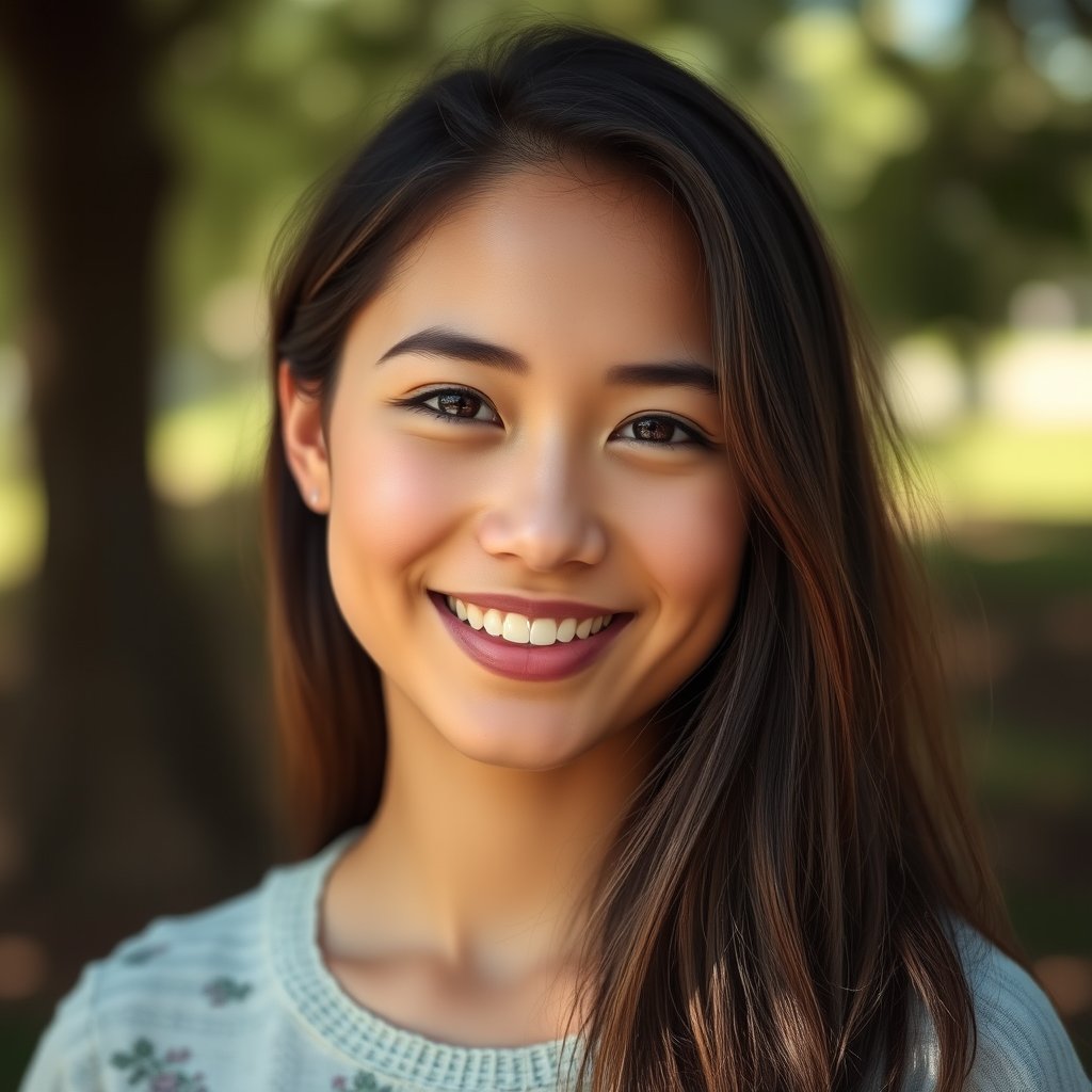 a candid portrait of a smiling young woman in natural light, soft natural light, shallow depth of field, bokeh
