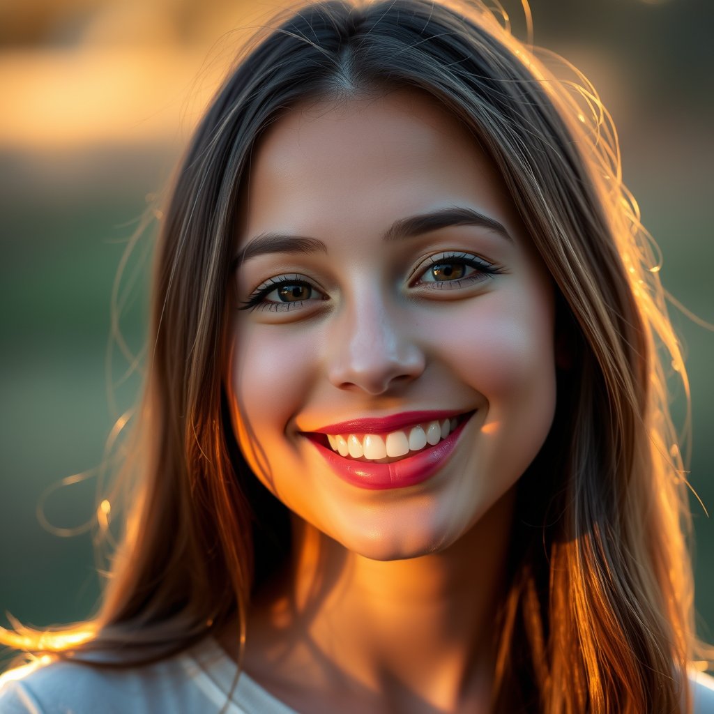 a candid portrait of a smiling young woman in natural light, golden hour lighting, warm tones, atmospheric