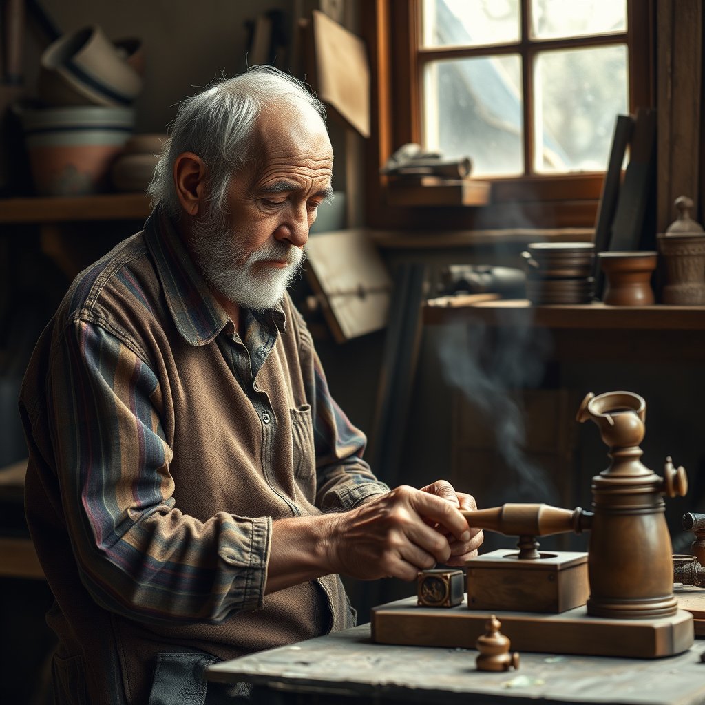 an elderly craftsman working in his workshop, ultra realistic, crisp details, studio quality