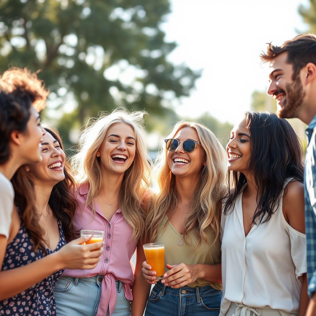 a group of diverse friends laughing together outdoors, bright and airy, pastel tones, dreamy aesthetic