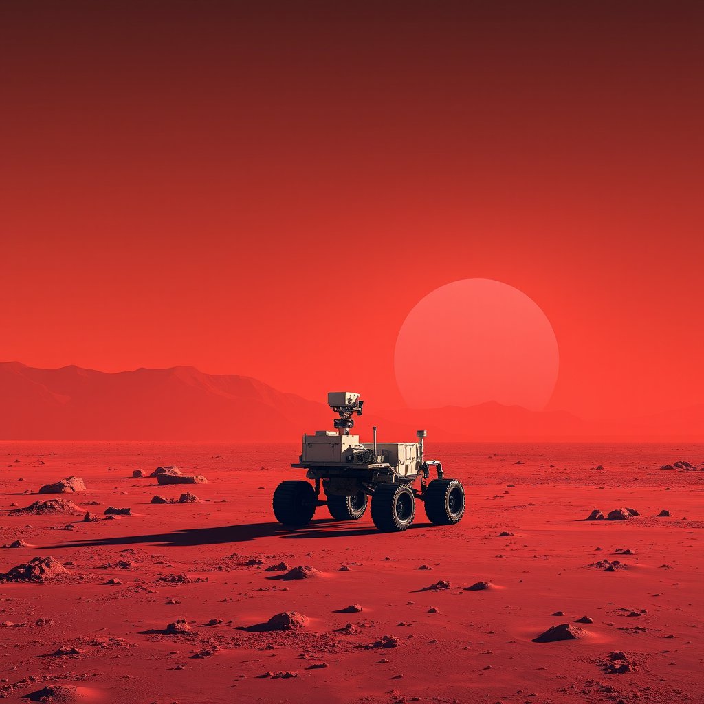 the surface of mars with a rover and red sky, minimalist composition, clean background, elegant