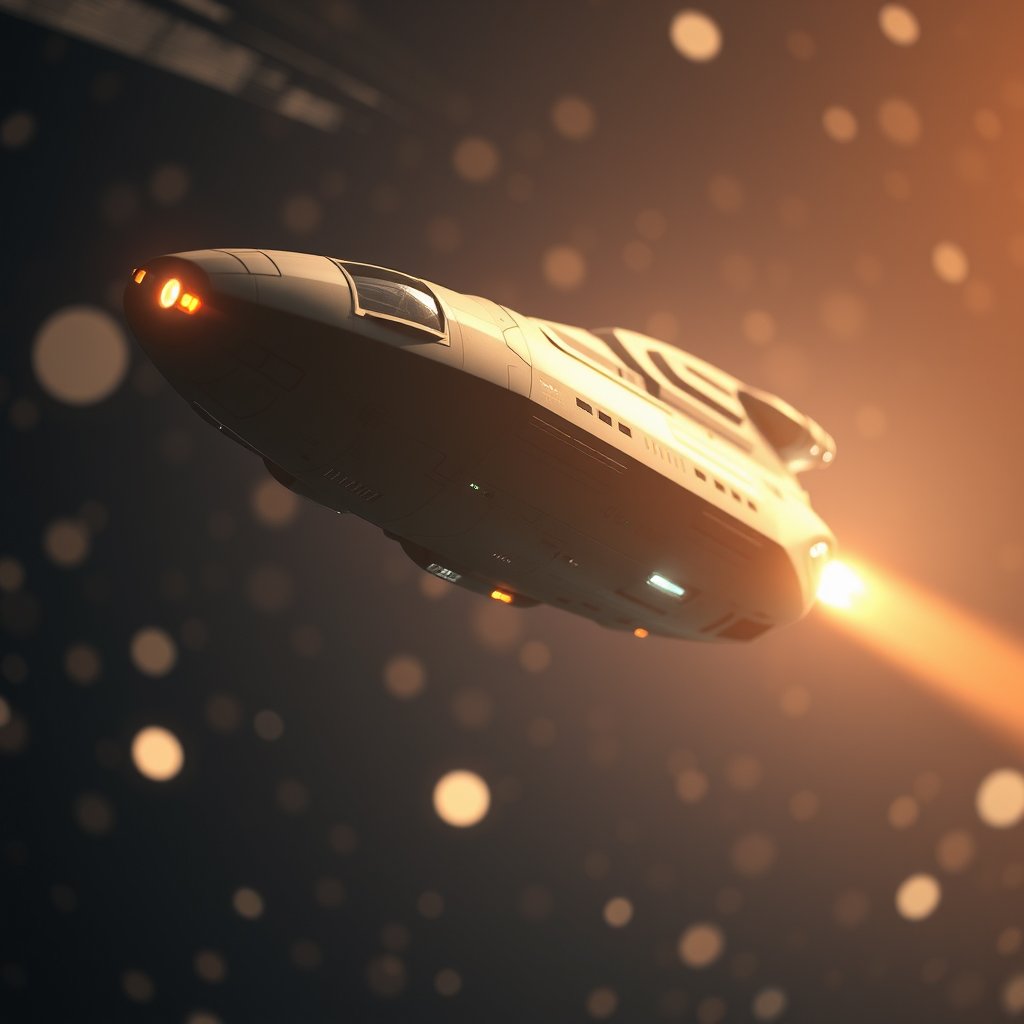 a futuristic spaceship traveling through stars, soft natural light, shallow depth of field, bokeh