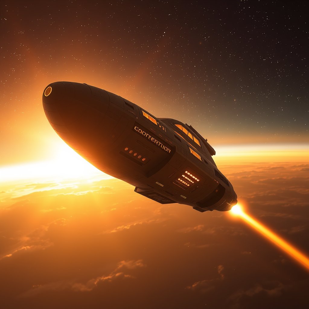 a futuristic spaceship traveling through stars, golden hour lighting, warm tones, atmospheric