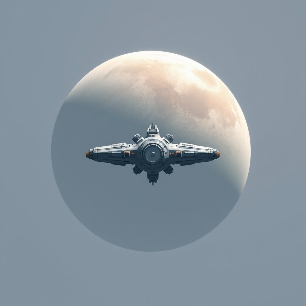 a sci-fi space station orbiting a giant planet, minimalist composition, clean background, elegant
