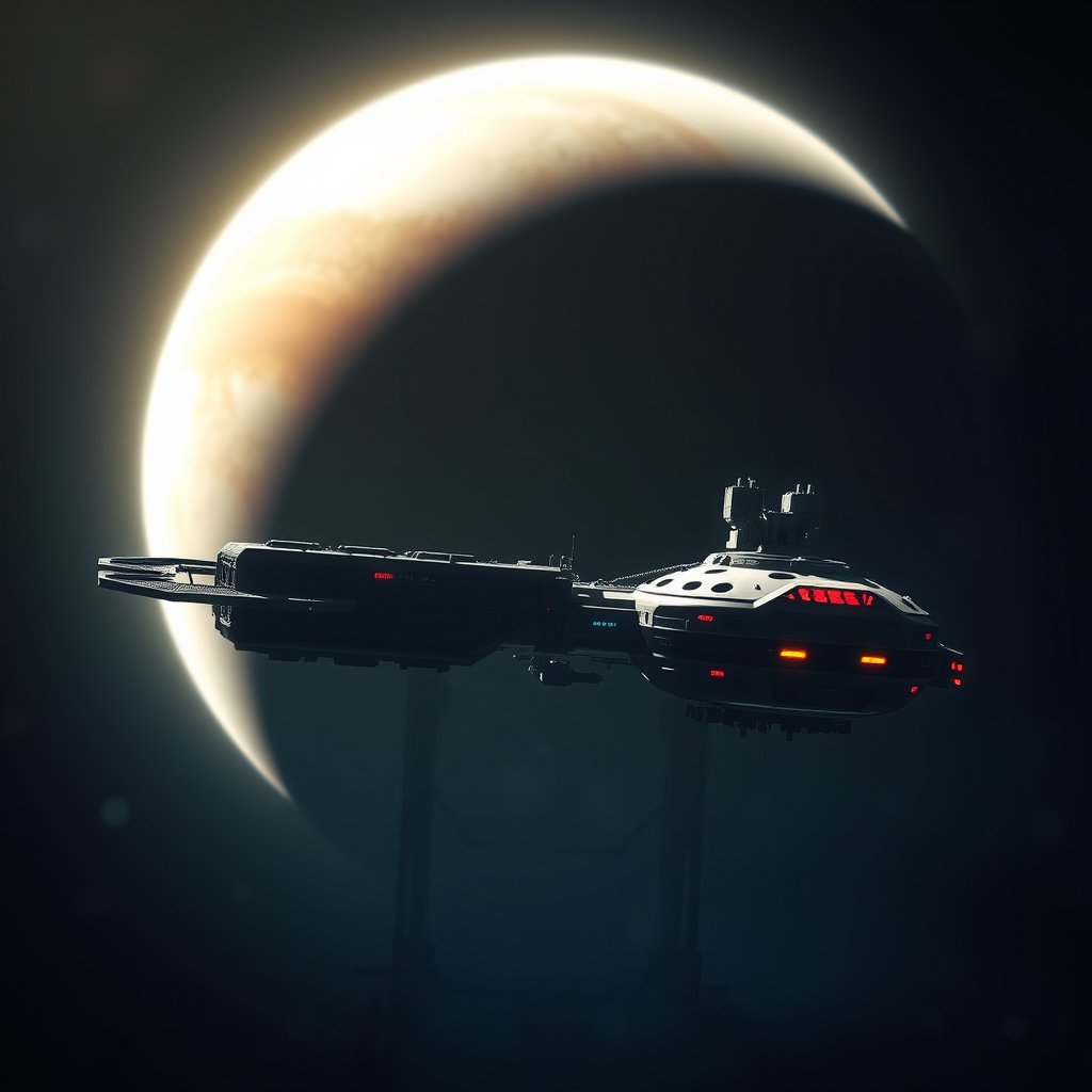 a sci-fi space station orbiting a giant planet, soft natural light, shallow depth of field, bokeh