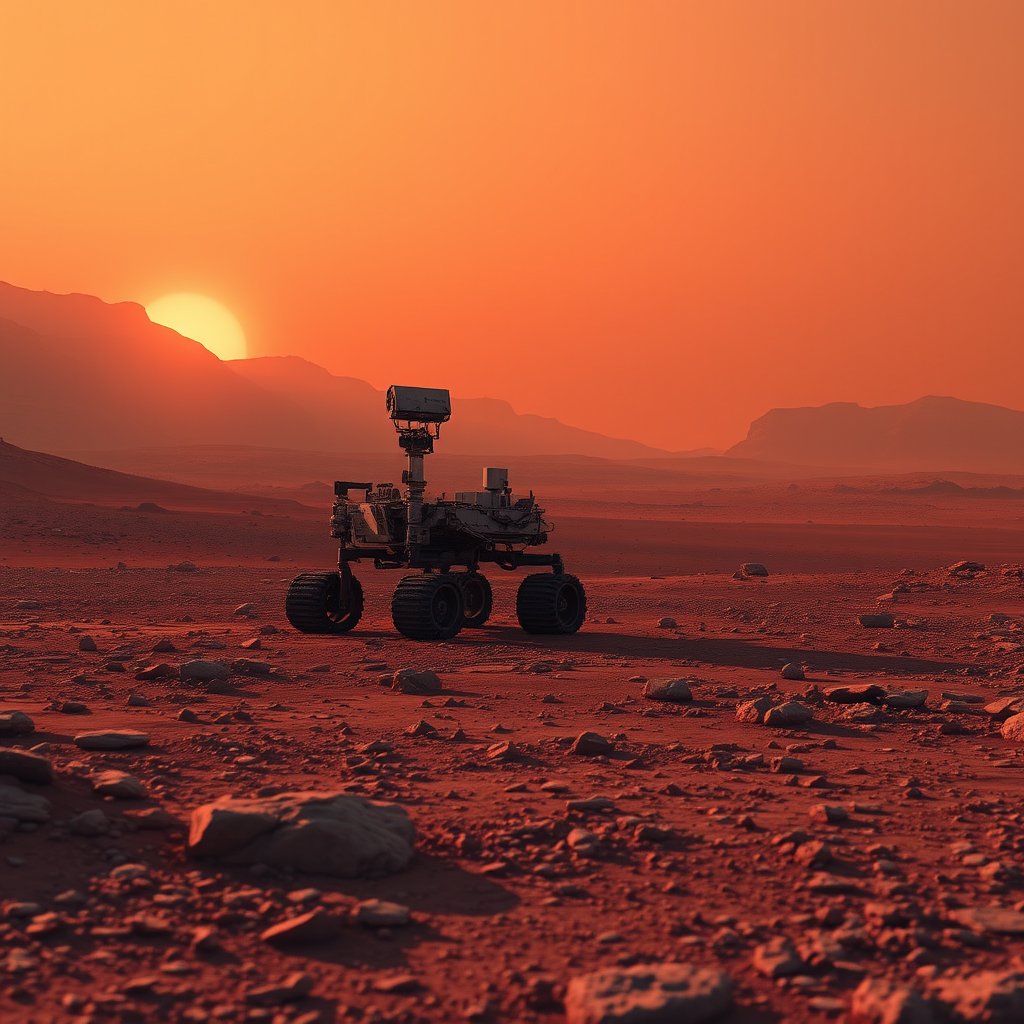 the surface of mars with a rover and red sky, golden hour lighting, warm tones, atmospheric