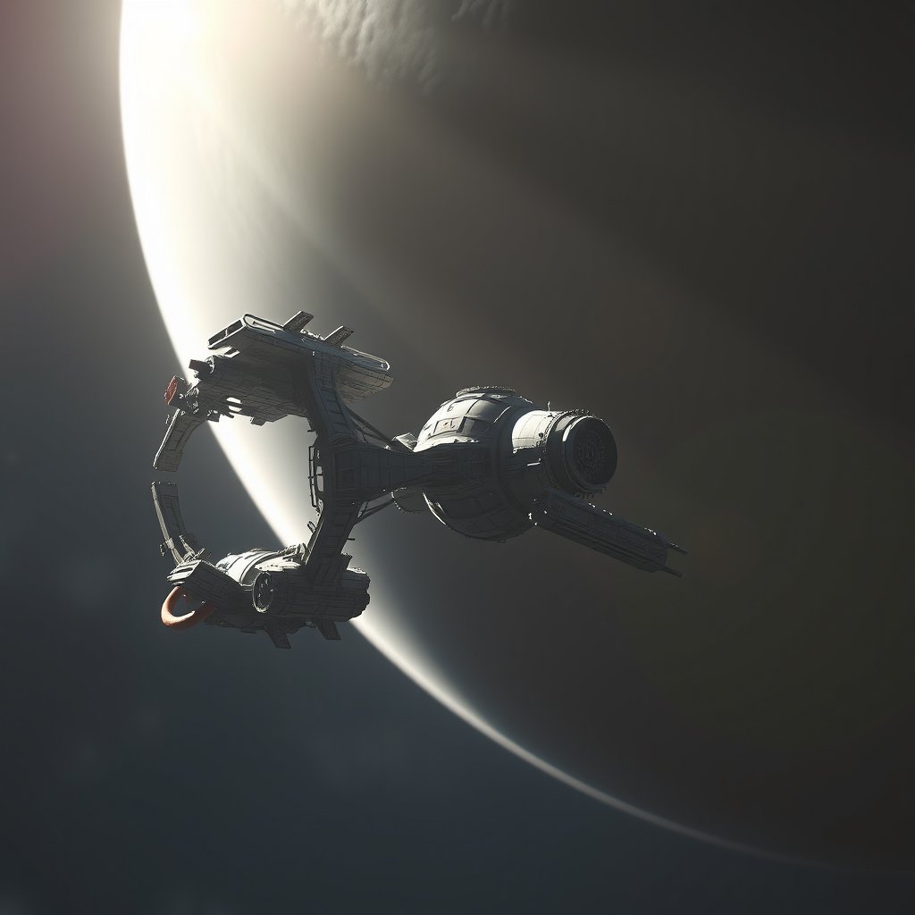 a sci-fi space station orbiting a giant planet, soft natural light, shallow depth of field, bokeh