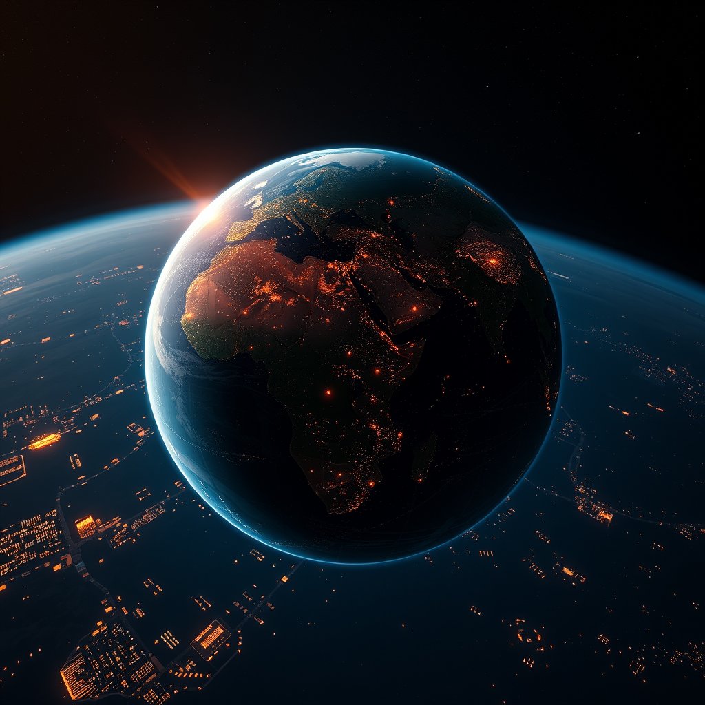 a realistic planet earth from orbit with city lights, cinematic lighting, vibrant colors, dramatic atmosphere