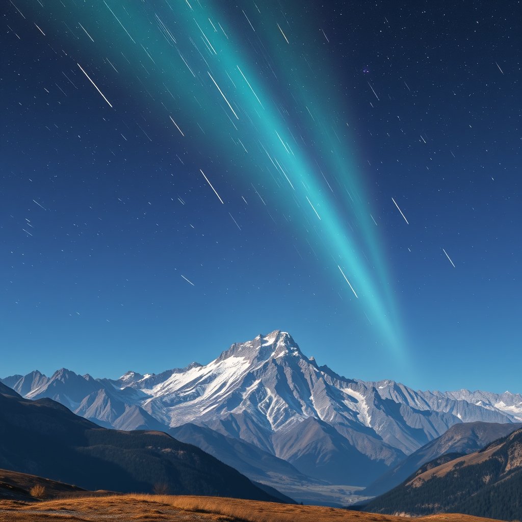 a meteor shower over a mountain landscape at night, bright and airy, pastel tones, dreamy aesthetic