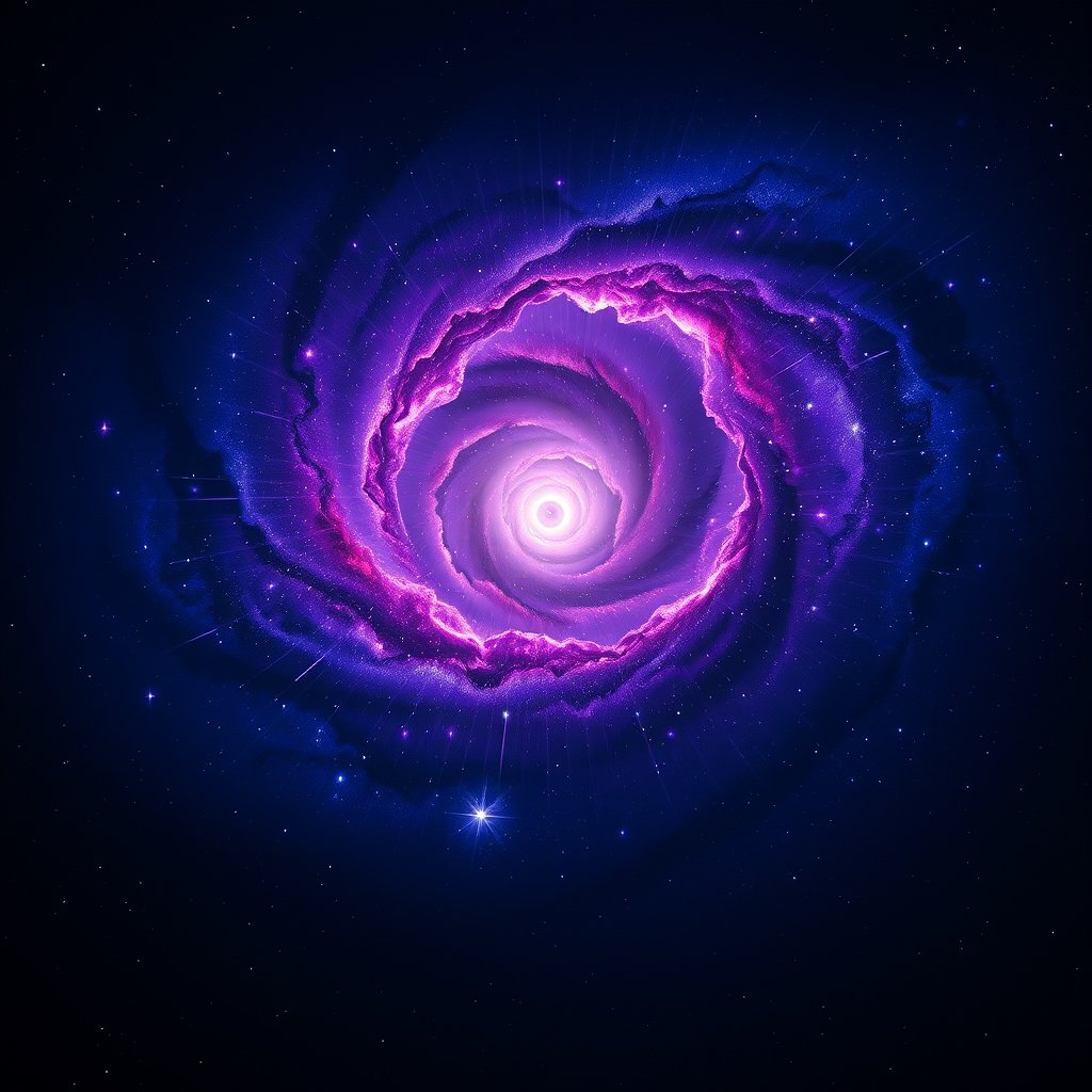a spiral galaxy in vivid purple and blue colors, moody lighting, high contrast, fine art photography