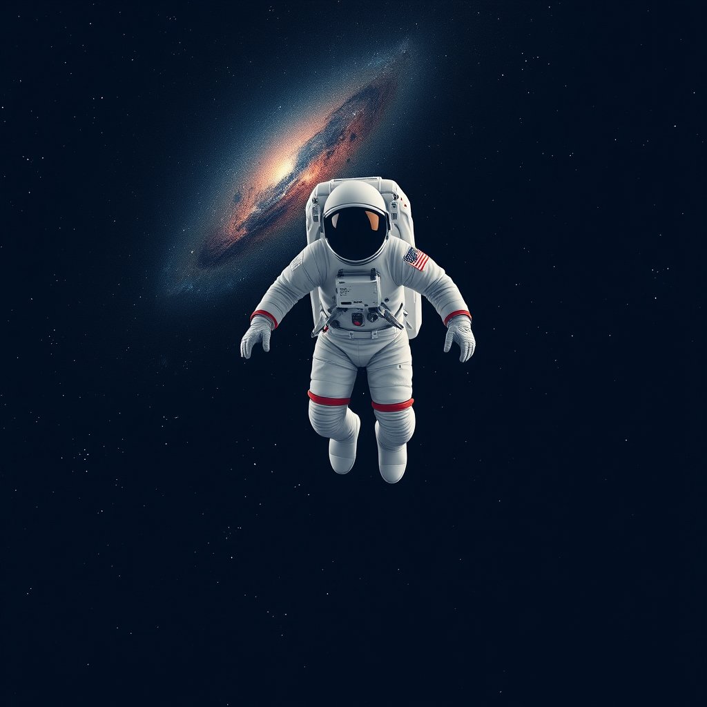 an astronaut floating in space with a galaxy behind, minimalist composition, clean background, elegant