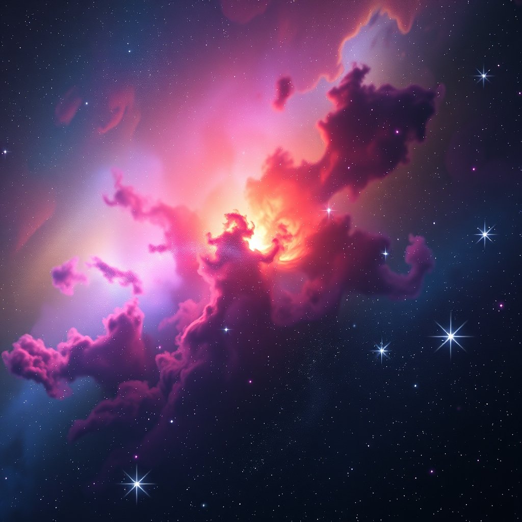 a colorful nebula with bright stars in deep space, cinematic lighting, vibrant colors, dramatic atmosphere