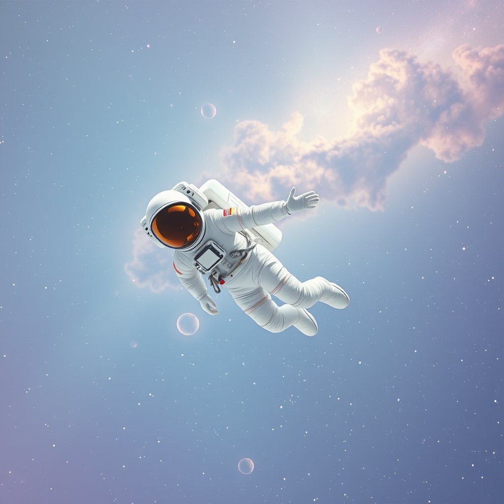 an astronaut floating in space with a galaxy behind, bright and airy, pastel tones, dreamy aesthetic