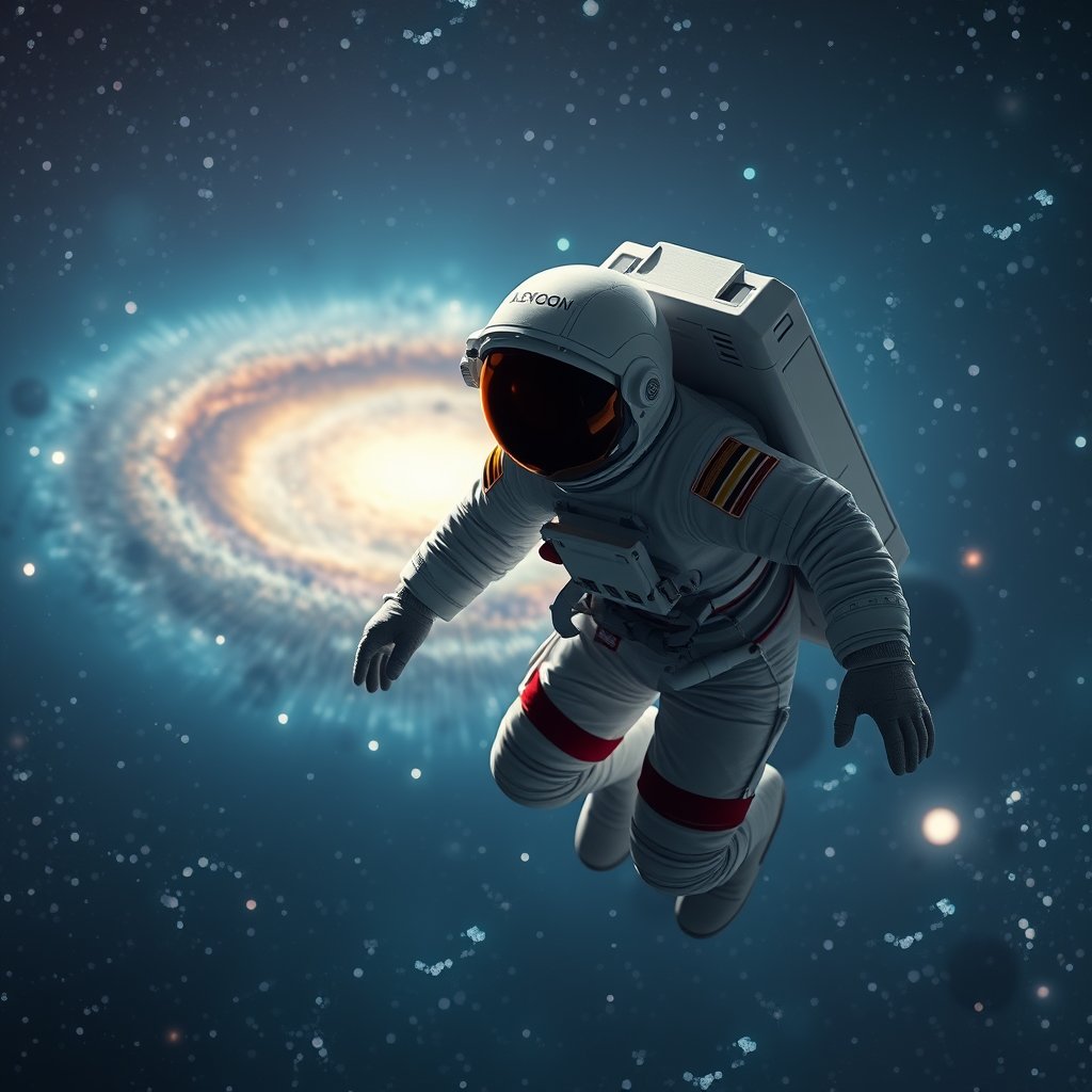 an astronaut floating in space with a galaxy behind, ultra realistic, crisp details, studio quality