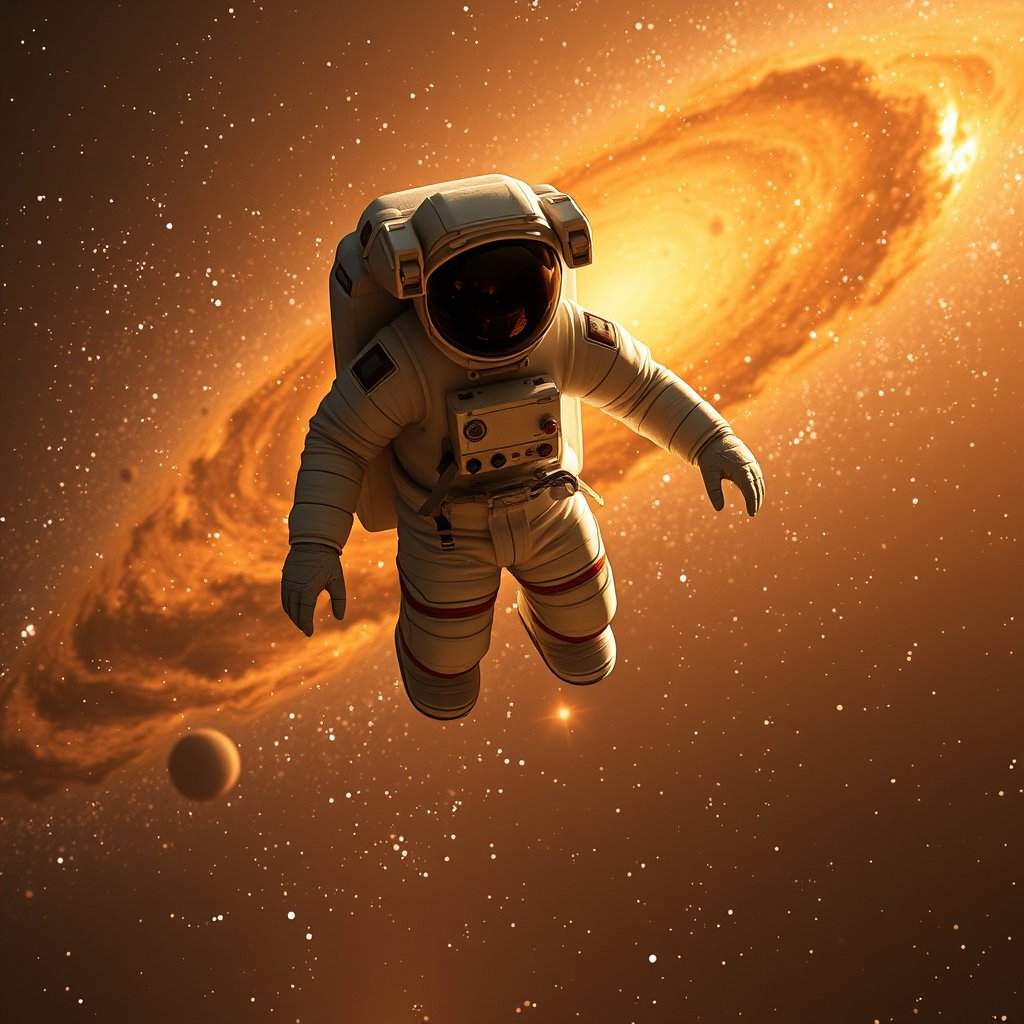 an astronaut floating in space with a galaxy behind, golden hour lighting, warm tones, atmospheric