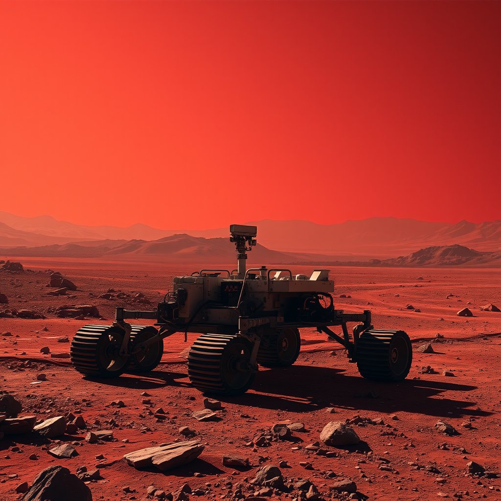 the surface of mars with a rover and red sky, cinematic lighting, vibrant colors, dramatic atmosphere