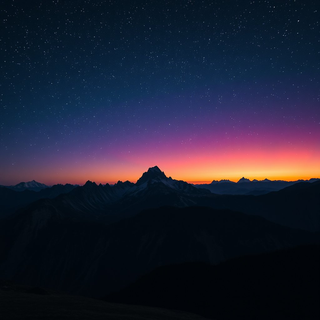 a meteor shower over a mountain landscape at night, cinematic lighting, vibrant colors, dramatic atmosphere
