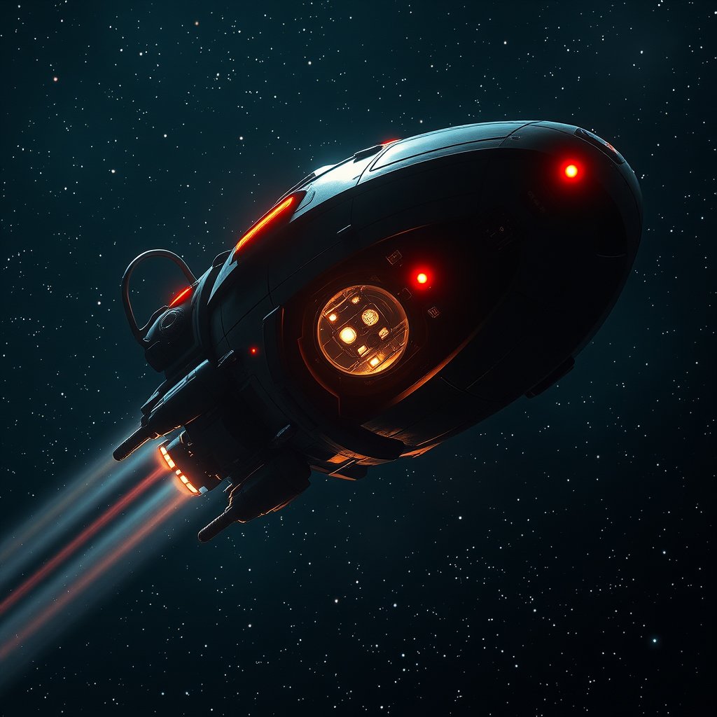 a futuristic spaceship traveling through stars, moody lighting, high contrast, fine art photography