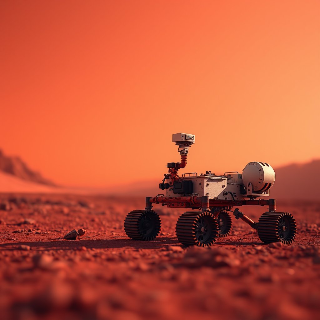 the surface of mars with a rover and red sky, soft natural light, shallow depth of field, bokeh