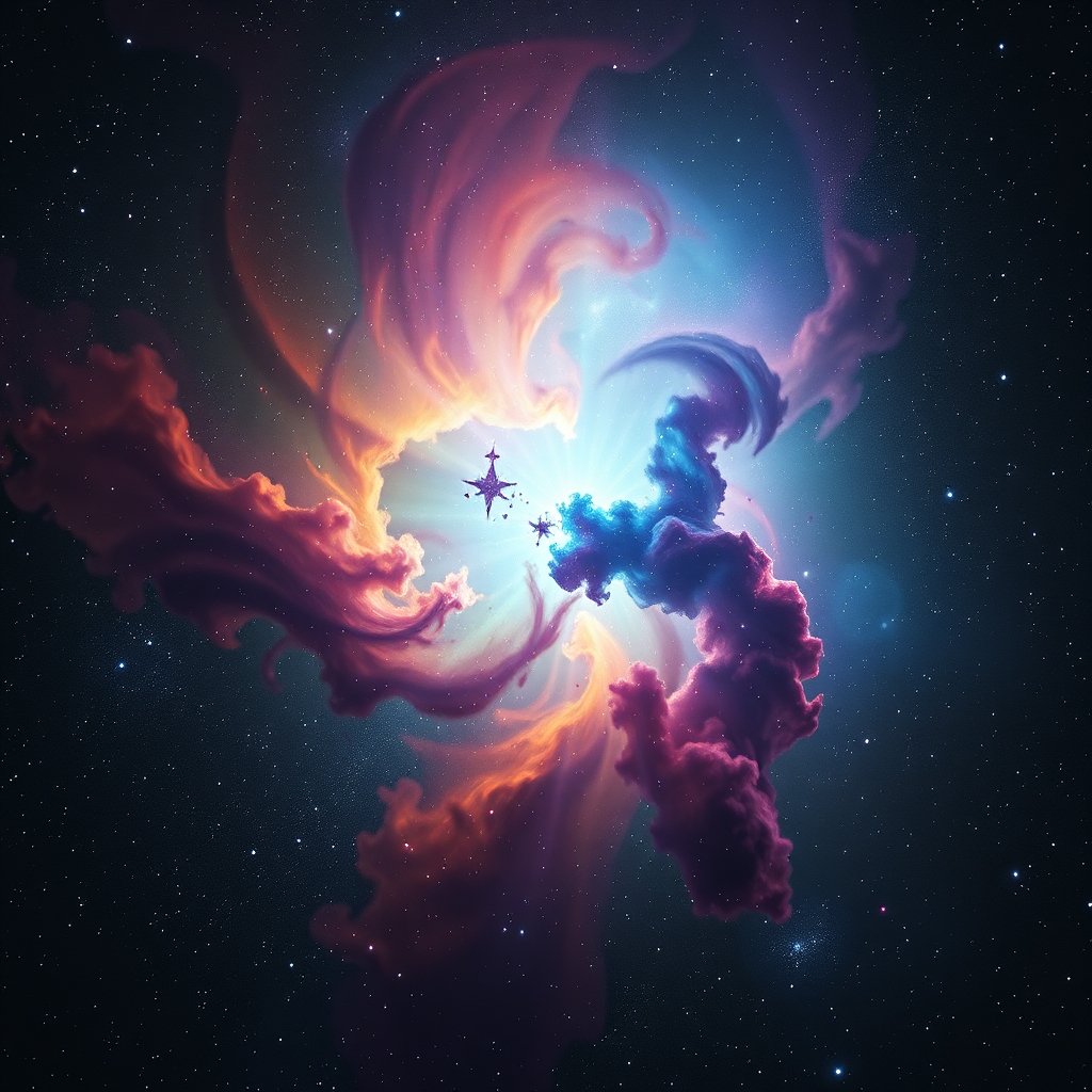 a colorful nebula with bright stars in deep space, cinematic lighting, vibrant colors, dramatic atmosphere