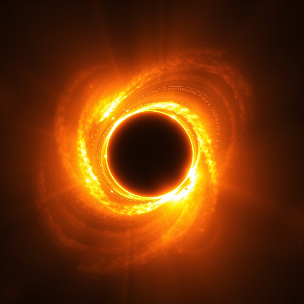 a black hole with a glowing accretion disk, golden hour lighting, warm tones, atmospheric